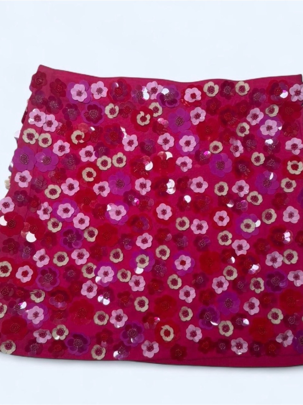 Designer PAROSH Floral Beaded Sequin Mini Skirt - Red/Pink